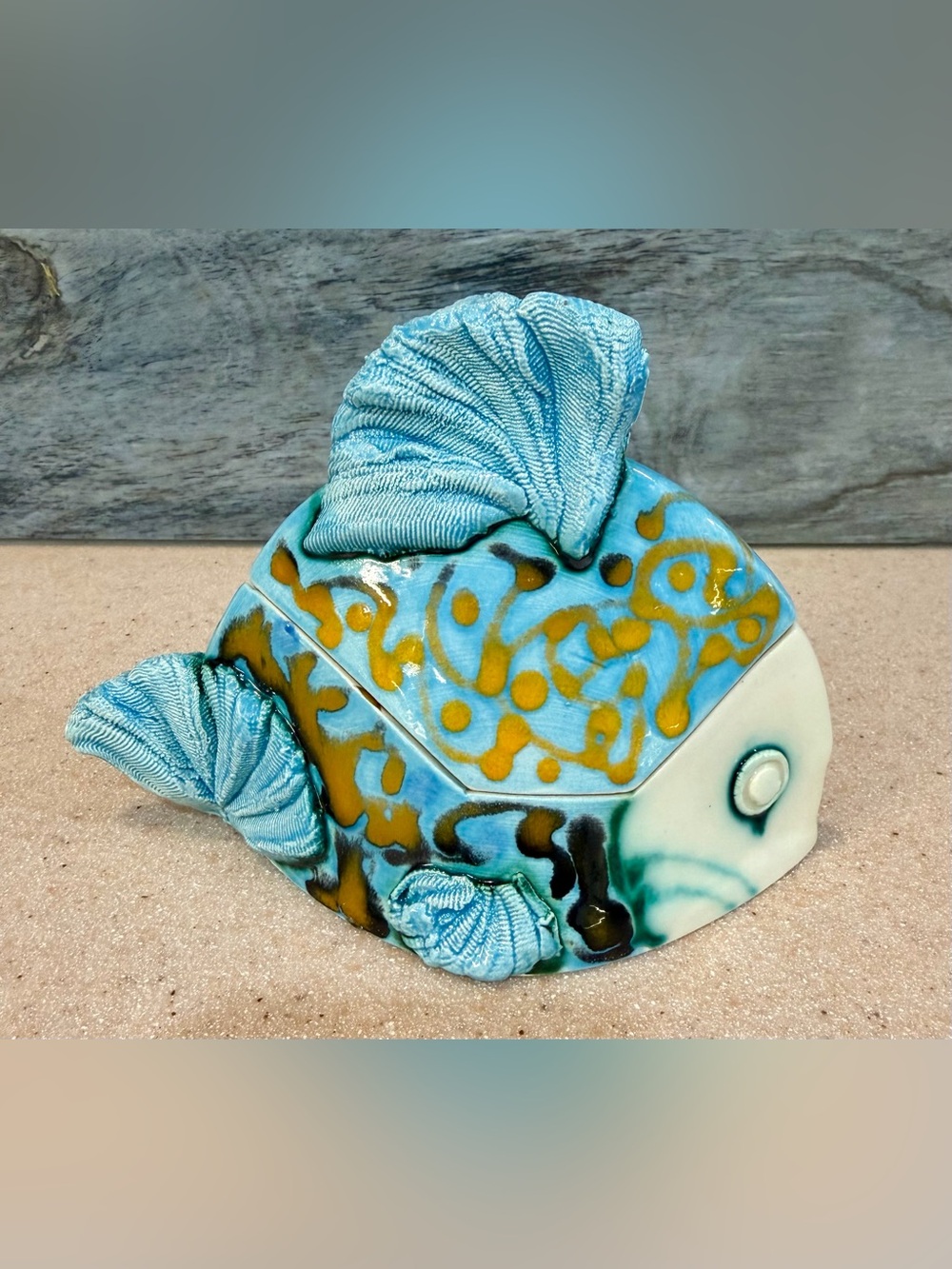 Blue Aqua Fish Sculpture Trinket Box Ceramic Abstract Art Saldaitis Pottery